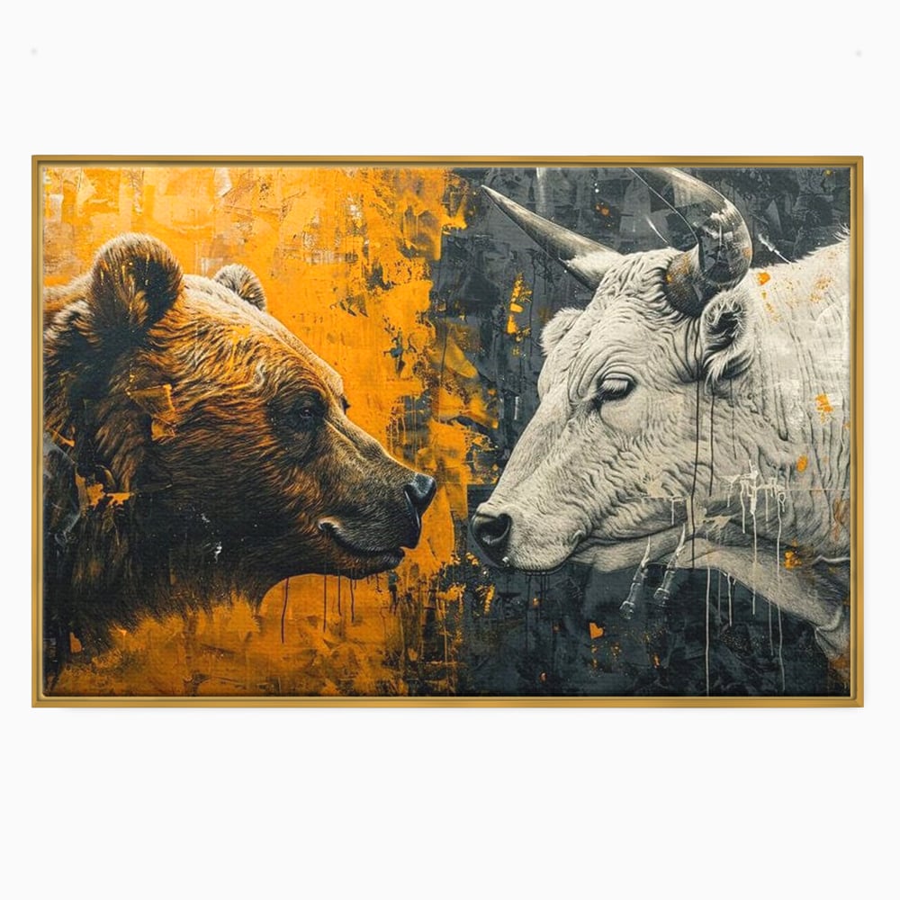 Tablou canvas cu tablou canvas cu urs si taur, in rama de aluminiu auriu